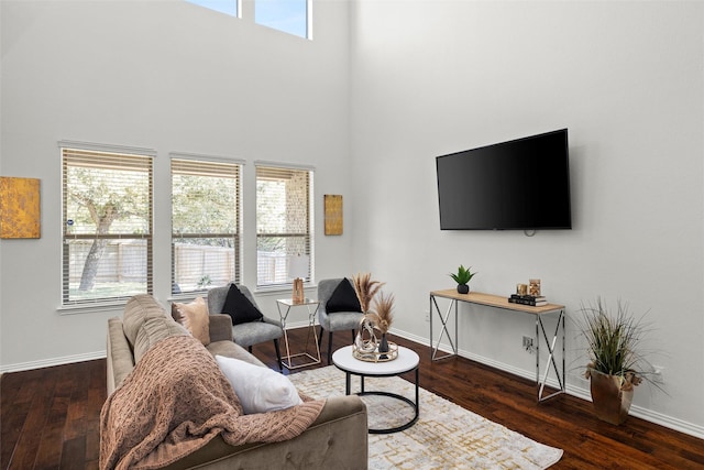 living room featuring a towering ceiling and dark hardwood / wood-style floors