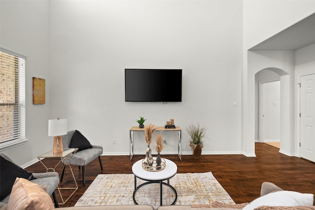 living room with a high ceiling, plenty of natural light, and dark hardwood / wood-style floors