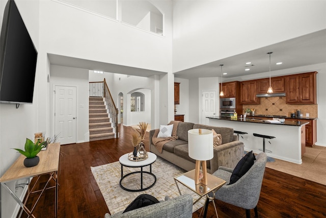 living room featuring dark hardwood / wood-style flooring and a high ceiling