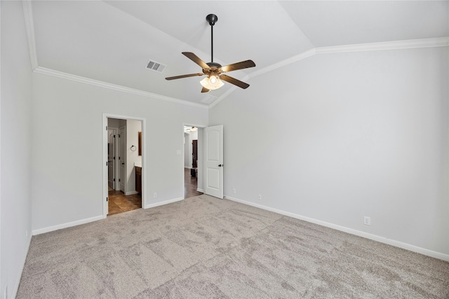 unfurnished bedroom with ceiling fan, lofted ceiling, light carpet, and ornamental molding