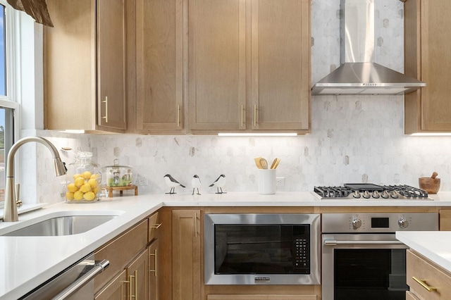 kitchen featuring sink, appliances with stainless steel finishes, tasteful backsplash, light brown cabinetry, and wall chimney exhaust hood