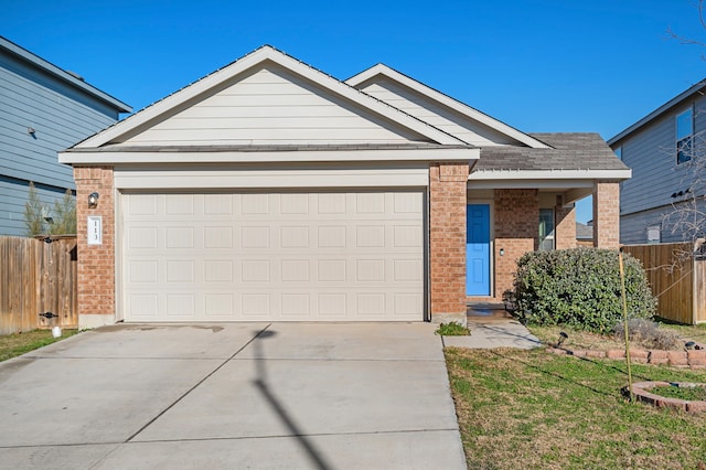 ranch-style home with a garage and a front lawn