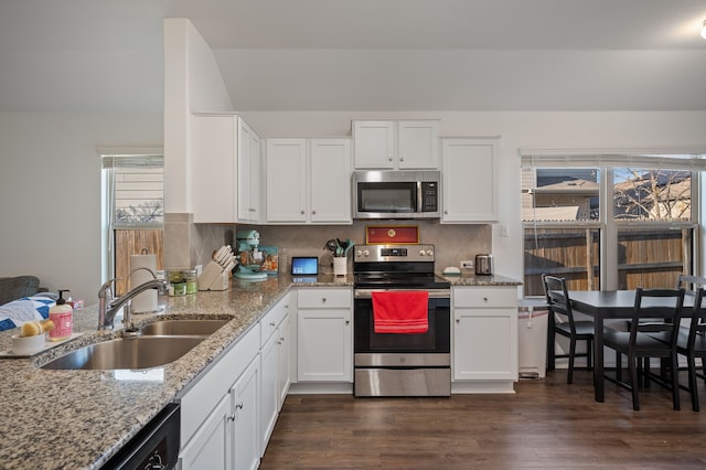 kitchen with white cabinetry, sink, light stone counters, stainless steel appliances, and dark wood-type flooring