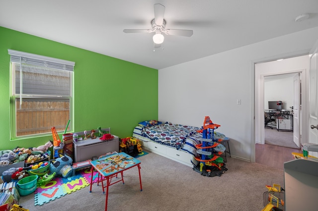 bedroom with carpet floors and ceiling fan