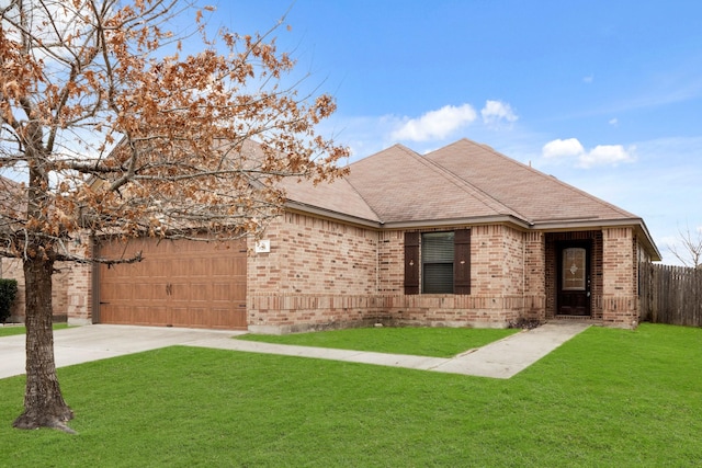 ranch-style house with a garage and a front yard