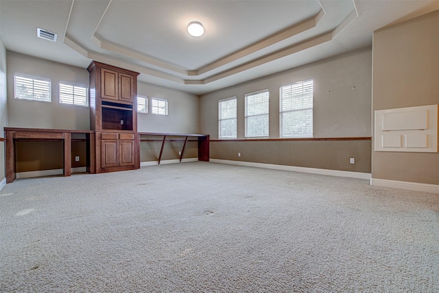 carpeted spare room featuring a tray ceiling and plenty of natural light