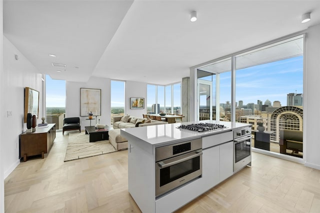 kitchen featuring white cabinetry, stainless steel appliances, a kitchen island, and light parquet floors