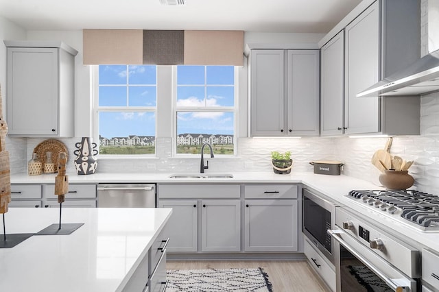 kitchen with gray cabinets, appliances with stainless steel finishes, sink, wall chimney exhaust hood, and light hardwood / wood-style flooring