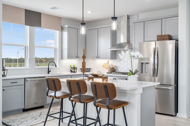 kitchen with sink, gray cabinets, appliances with stainless steel finishes, a center island with sink, and wall chimney exhaust hood