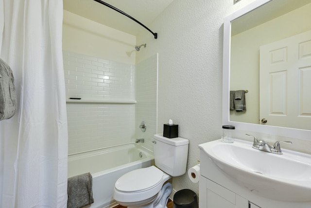 full bathroom with toilet, vanity, and shower / bath combo with shower curtain