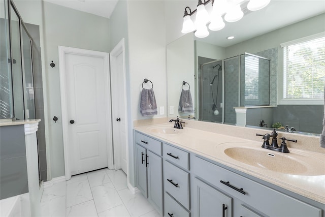 bathroom featuring walk in shower and vanity