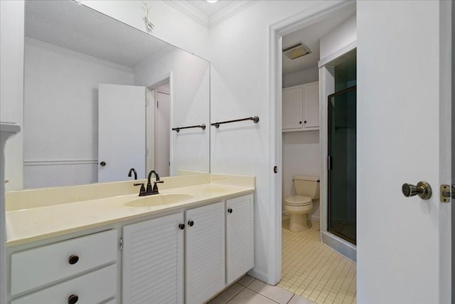 bathroom featuring vanity, an enclosed shower, ornamental molding, tile patterned floors, and toilet