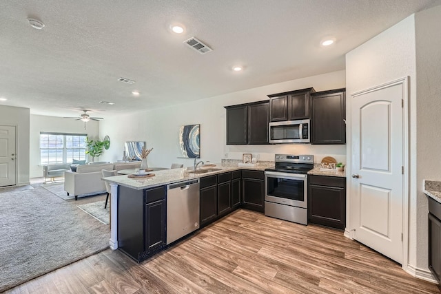 kitchen with sink, light hardwood / wood-style flooring, stainless steel appliances, and kitchen peninsula