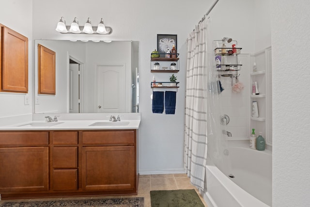 bathroom featuring vanity, shower / bathtub combination with curtain, and tile patterned flooring