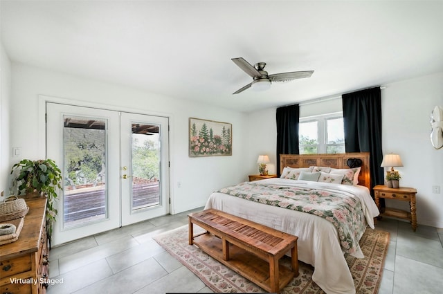 tiled bedroom featuring access to exterior, french doors, and ceiling fan