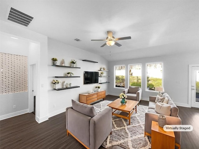 2120 Prairie Oaks Dr, Georgetown, TX 78628 - living room with wood finished floors, ceiling fan, and vaulted ceiling