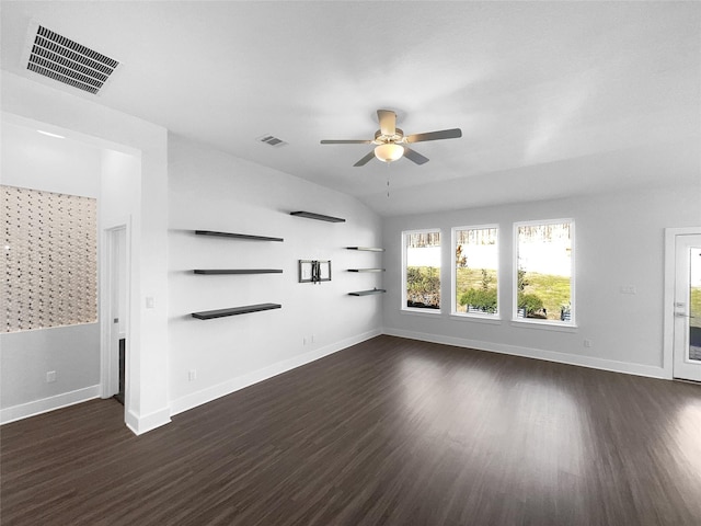 unfurnished living room featuring dark hardwood / wood-style floors and ceiling fan