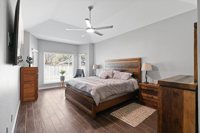 bedroom with dark wood-type flooring and ceiling fan