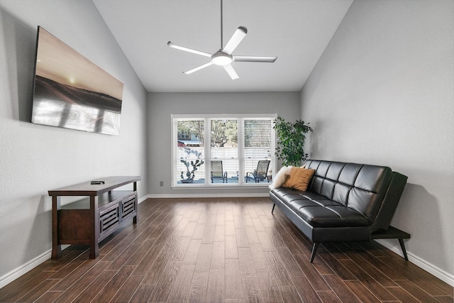 sitting room with ceiling fan and lofted ceiling