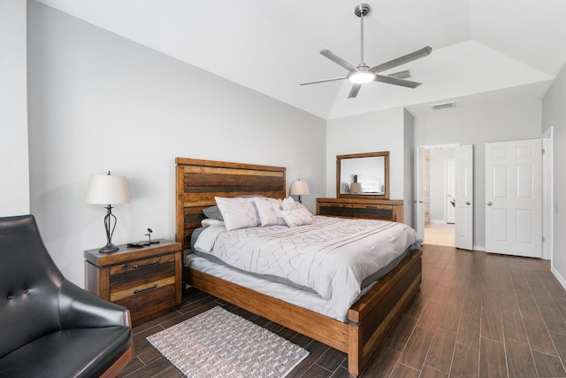 bedroom featuring lofted ceiling and ceiling fan