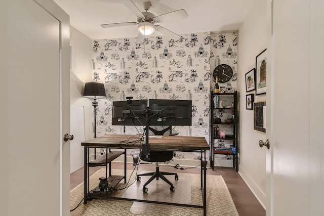 908 Nueces St Unit 37, Austin, TX 78701 - office area with wallpapered walls, a ceiling fan, and wood finished floors