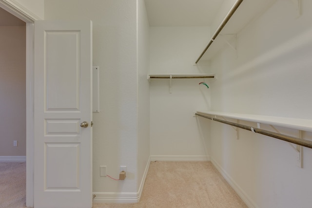 walk in closet featuring light carpet