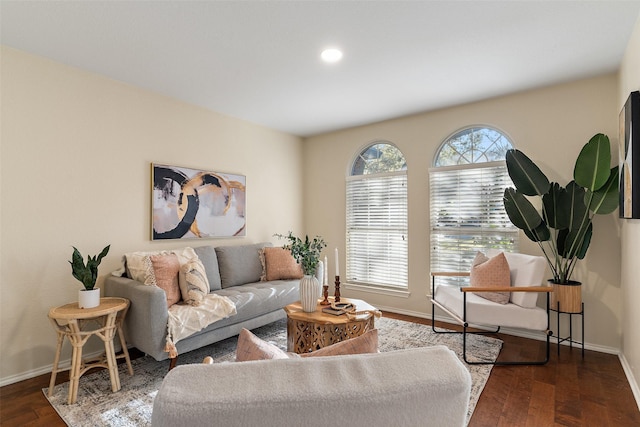 living room featuring dark wood-type flooring and a wealth of natural light