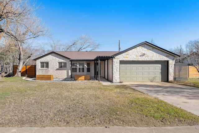 single story home with a garage and a front lawn