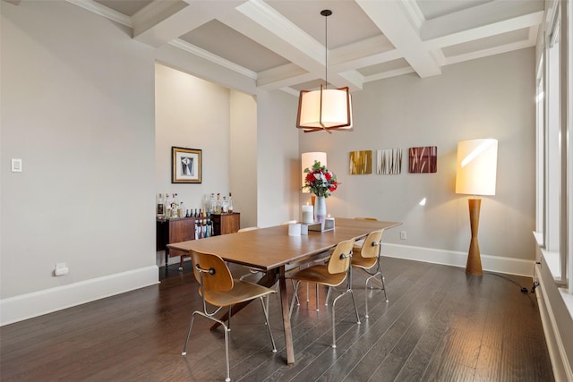 dining space with beam ceiling, coffered ceiling, ornamental molding, bar area, and dark hardwood / wood-style flooring