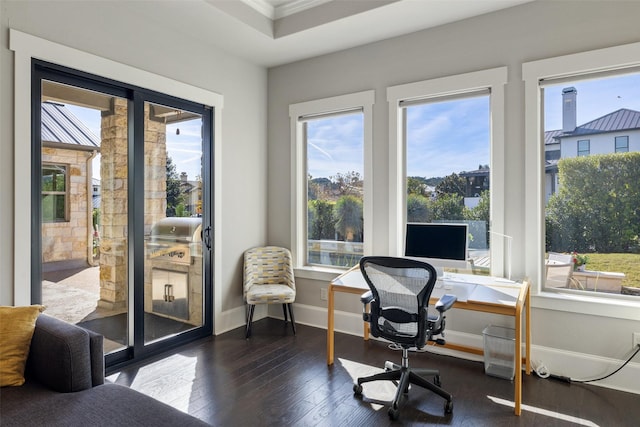 office space with dark wood-type flooring, plenty of natural light, and ornamental molding