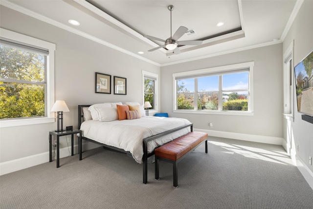 bedroom featuring ceiling fan, multiple windows, carpet flooring, a tray ceiling, and ornamental molding