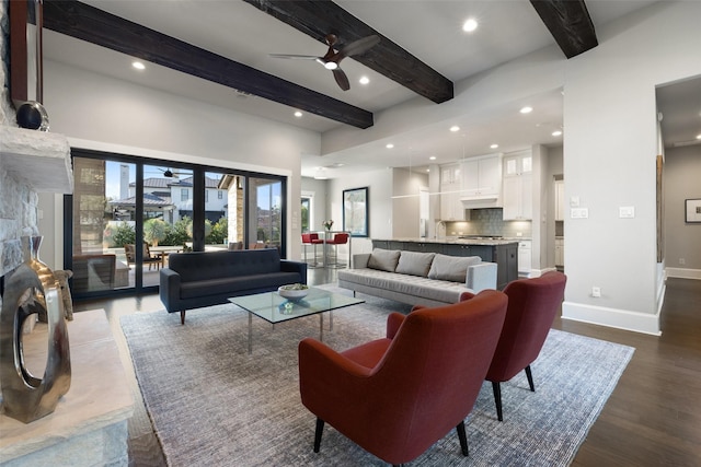 living room with dark hardwood / wood-style flooring, beam ceiling, french doors, and ceiling fan