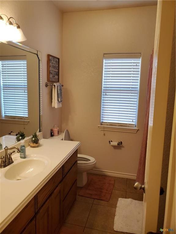 bathroom featuring vanity, toilet, and tile patterned flooring