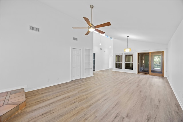 unfurnished living room featuring ceiling fan, high vaulted ceiling, and light hardwood / wood-style floors