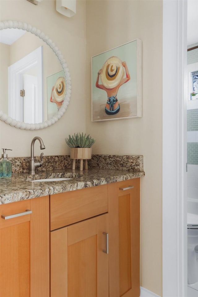 interior details featuring vanity and toilet