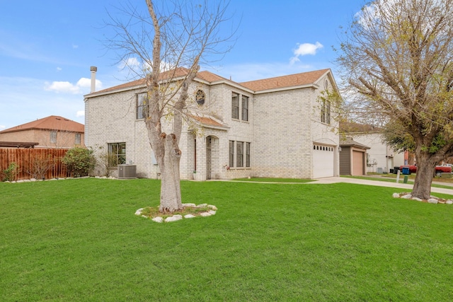 view of front of house featuring a garage, central AC, and a front lawn