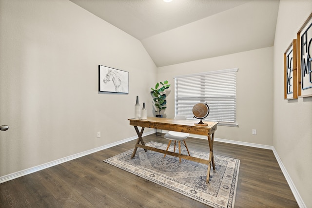 office area with dark hardwood / wood-style flooring and lofted ceiling