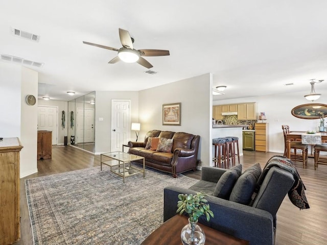 living room with hardwood / wood-style flooring and ceiling fan