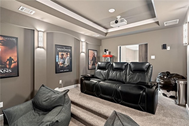 cinema featuring a raised ceiling and carpet