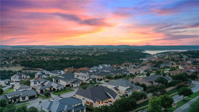 view of aerial view at dusk