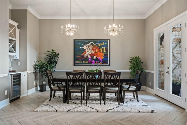 107 Bisset Ct, Austin, TX 78738 - dining room with wine cooler, ornamental molding, a notable chandelier, and baseboards