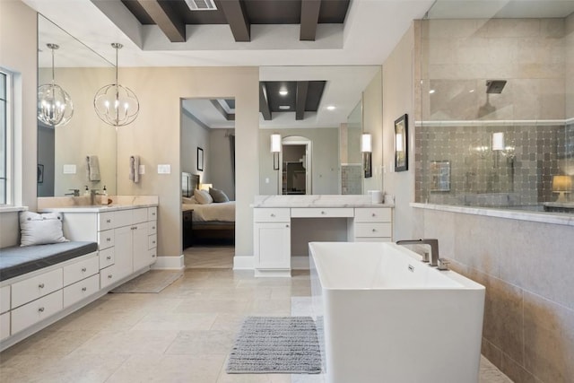 107 Bisset Ct, Austin, TX 78738 - ensuite bathroom with a notable chandelier, a soaking tub, tile patterned floors, walk in shower, and vanity