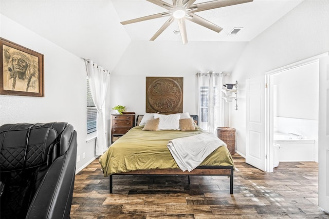 bedroom featuring lofted ceiling and ceiling fan