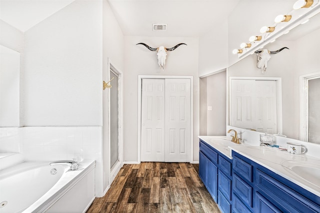 bathroom featuring vanity, wood-type flooring, and plus walk in shower