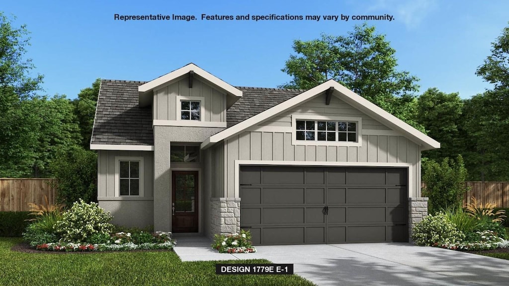 7303 Woodford Way, Austin, TX 78744 - view of front of house featuring concrete driveway, a shingled roof, board and batten siding, a garage, and stone siding