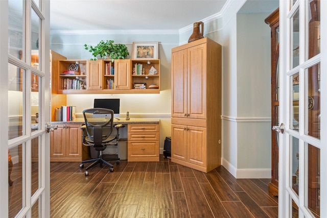 215 Goose Island Dr, Georgetown, TX 78633 - home office with french doors, built in desk, dark wood-style floors, baseboards, and ornamental molding