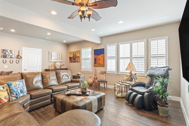 215 Goose Island Dr, Georgetown, TX 78633 - living area featuring baseboards, a ceiling fan, recessed lighting, and wood finished floors