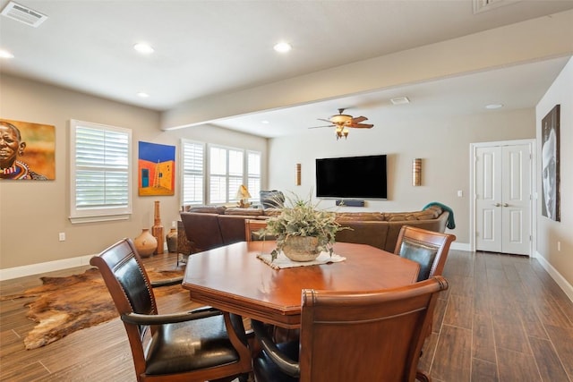 215 Goose Island Dr, Georgetown, TX 78633 - dining room featuring baseboards, dark wood-style flooring, recessed lighting, beam ceiling, and a ceiling fan