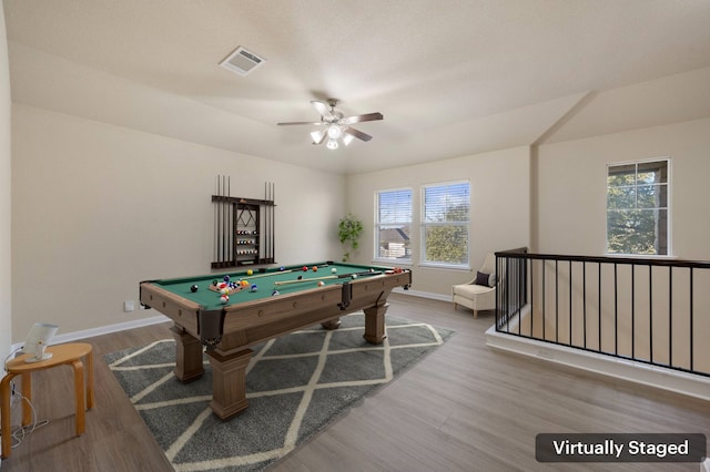 rec room featuring hardwood / wood-style flooring, ceiling fan, and billiards