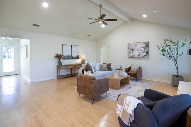 living room with beamed ceiling, ceiling fan, high vaulted ceiling, and light hardwood / wood-style flooring